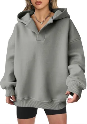 Womens Oversized Hoodies Fleece Long Sleeve Sweatshirts Lapel V Neck Casual Sweaters Pullover Fall Fashion Outfits 2024