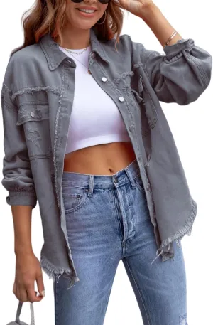 Womens Oversized Ripped Fringe Denim Jacket Casual Long Sleeve Boyfriend Jean Jacket Coat