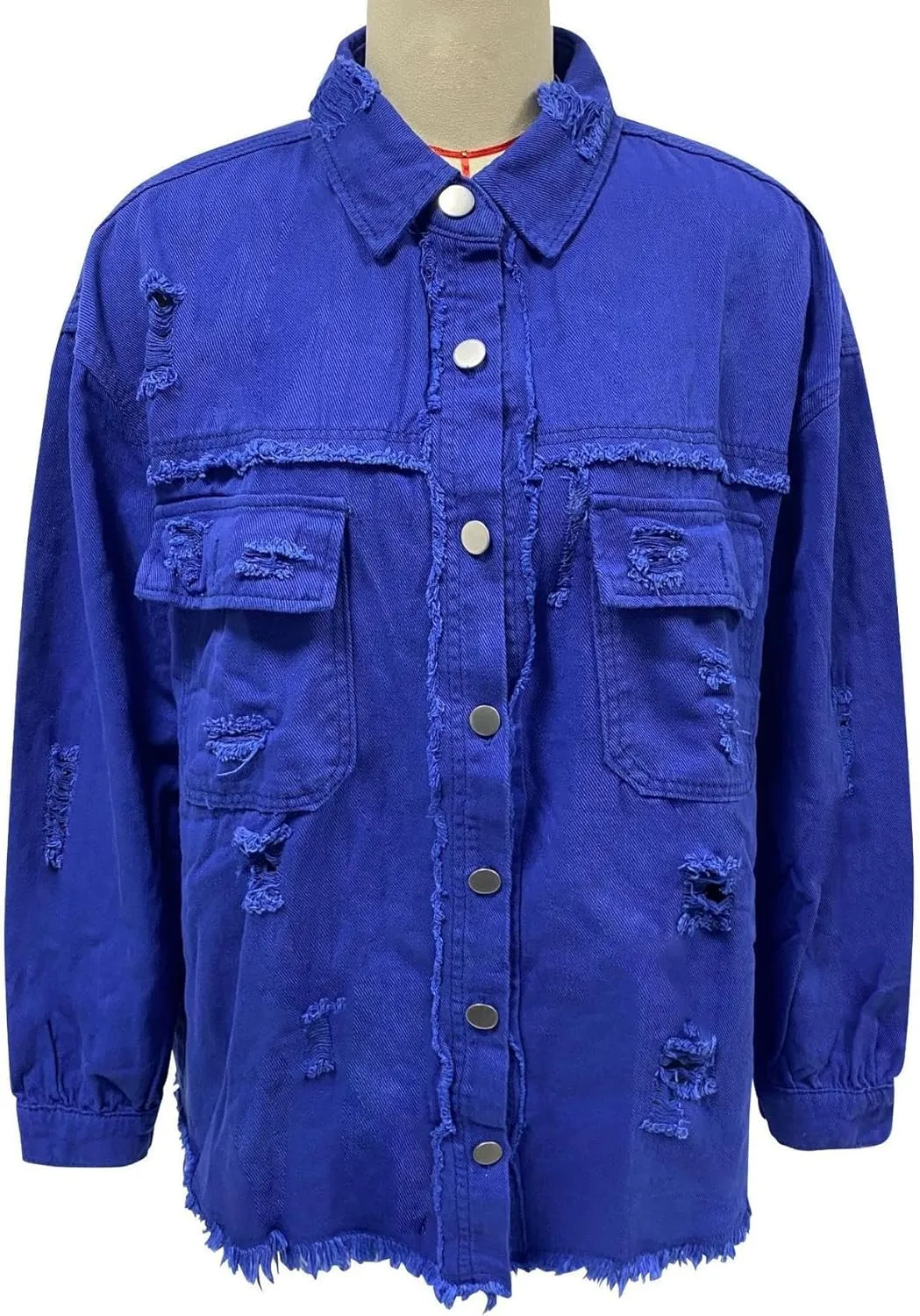 Womens Oversized Ripped Fringe Denim Jacket Casual Long Sleeve Boyfriend Jean Jacket Coat