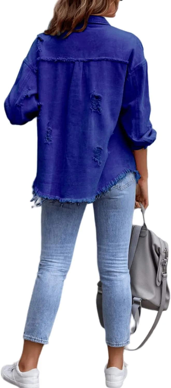 Womens Oversized Ripped Fringe Denim Jacket Casual Long Sleeve Boyfriend Jean Jacket Coat