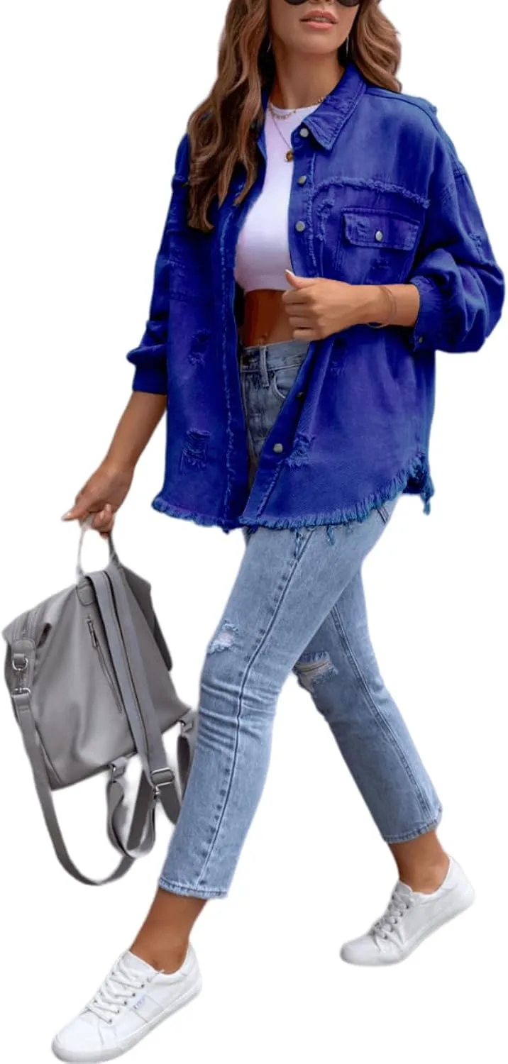 Womens Oversized Ripped Fringe Denim Jacket Casual Long Sleeve Boyfriend Jean Jacket Coat