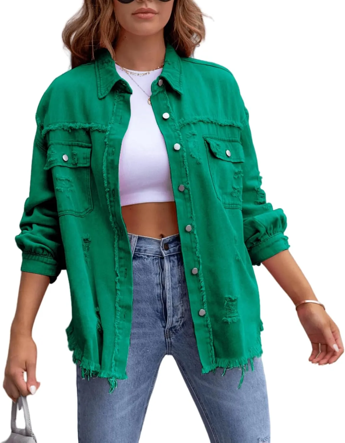 Womens Oversized Ripped Fringe Denim Jacket Casual Long Sleeve Boyfriend Jean Jacket Coat