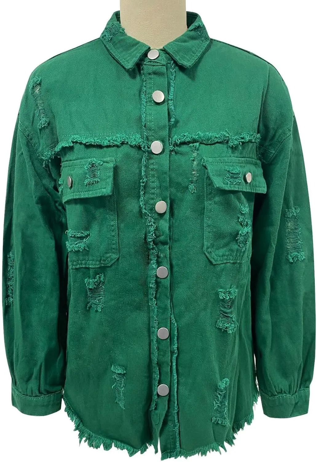 Womens Oversized Ripped Fringe Denim Jacket Casual Long Sleeve Boyfriend Jean Jacket Coat