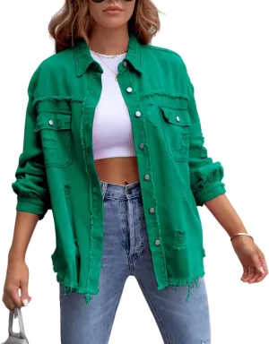 Womens Oversized Ripped Fringe Denim Jacket Casual Long Sleeve Boyfriend Jean Jacket Coat