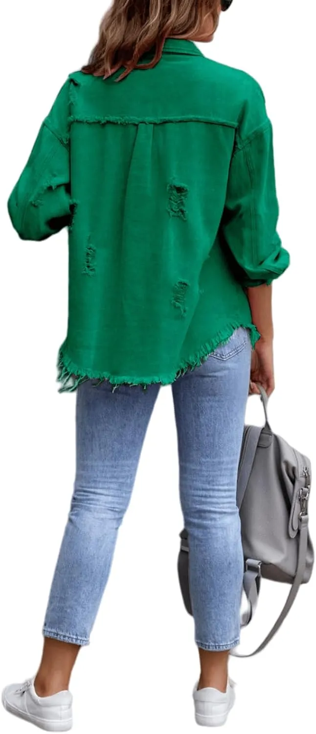Womens Oversized Ripped Fringe Denim Jacket Casual Long Sleeve Boyfriend Jean Jacket Coat