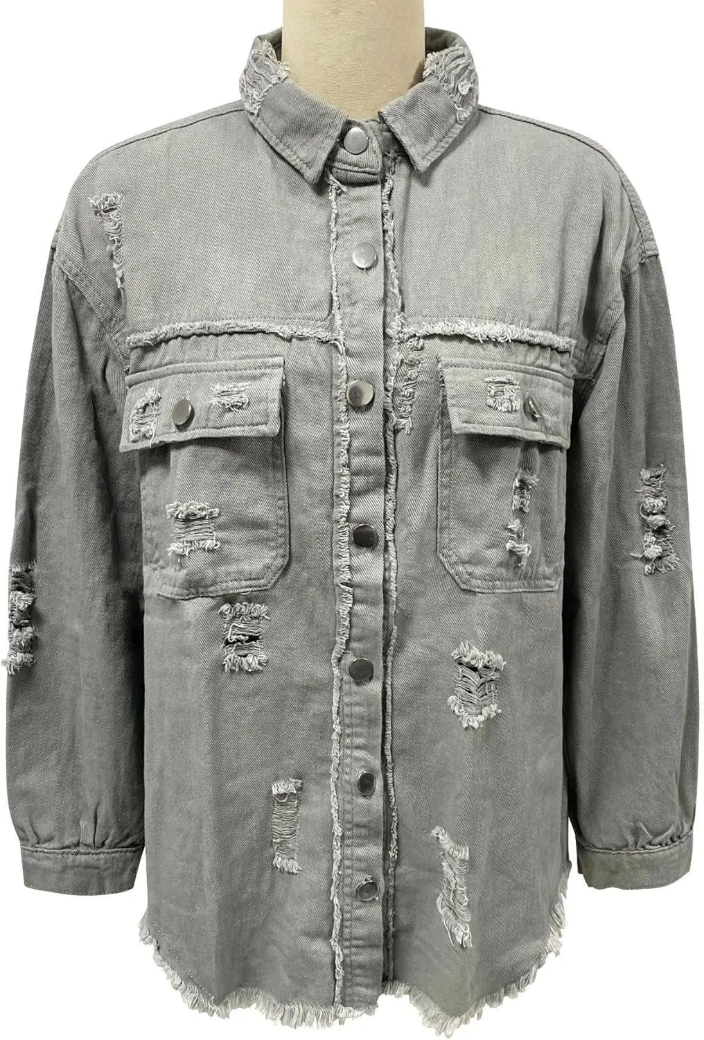 Womens Oversized Ripped Fringe Denim Jacket Casual Long Sleeve Boyfriend Jean Jacket Coat