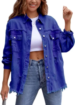Womens Oversized Ripped Fringe Denim Jacket Casual Long Sleeve Boyfriend Jean Jacket Coat