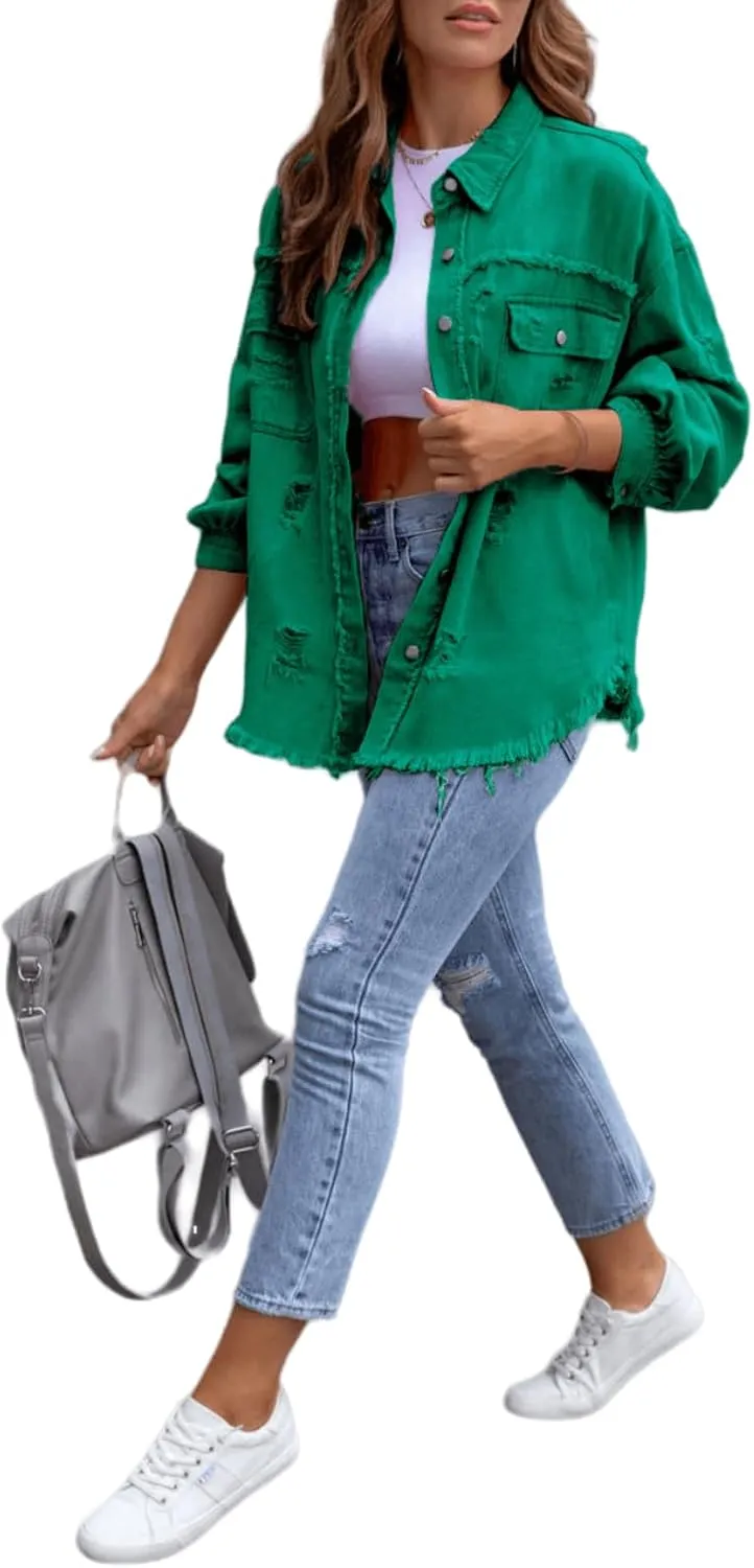 Womens Oversized Ripped Fringe Denim Jacket Casual Long Sleeve Boyfriend Jean Jacket Coat
