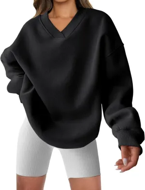 Womens Oversized Sweatshirt Hoodies Casual V Neck Long Sleeve Shirts Fleece Pullover Tops Fall Teens Preppy Clothes