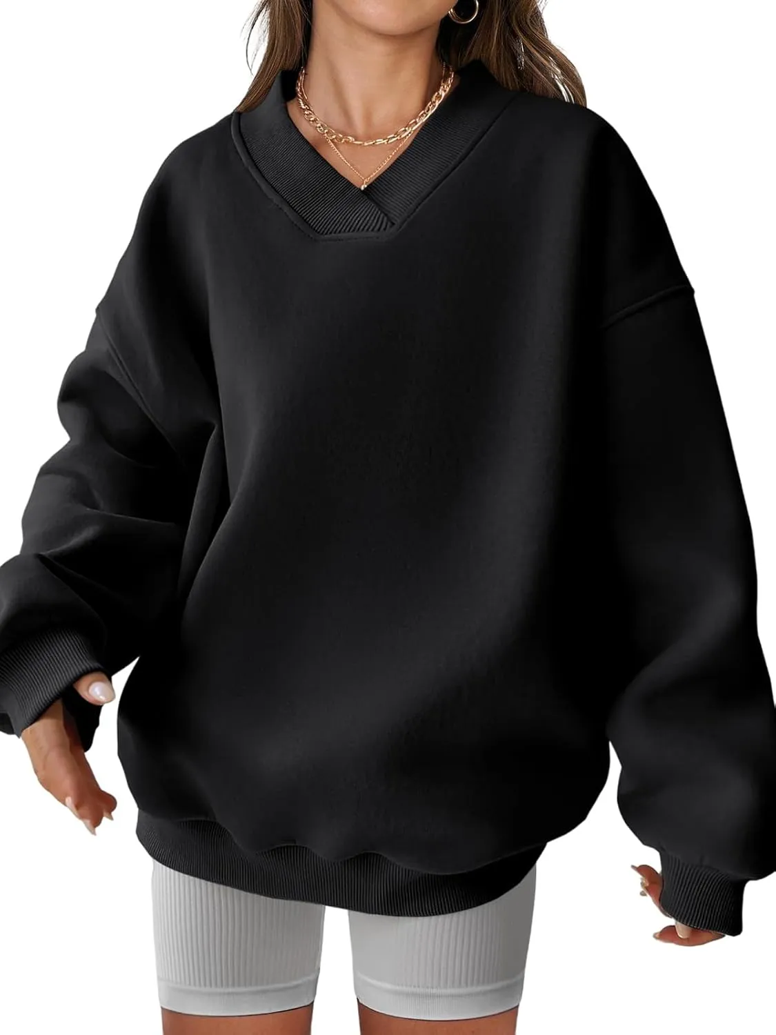 Womens Oversized Sweatshirt Hoodies Casual V Neck Long Sleeve Shirts Fleece Pullover Tops Fall Teens Preppy Clothes