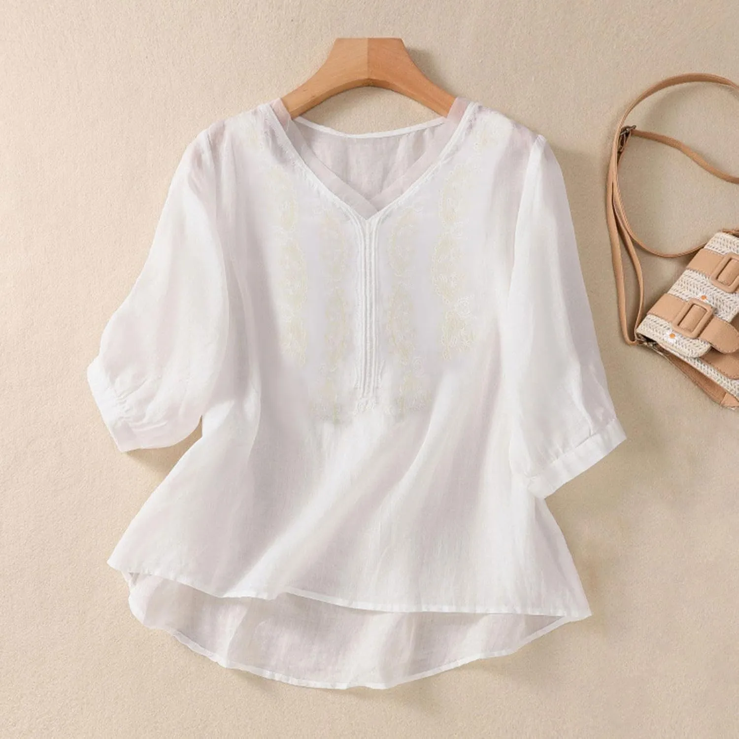 Womens Peasant Tops and Blouses Summer Fashion Embroidered Shirts Fashion Short Sleeve Cotton Linen Shirt