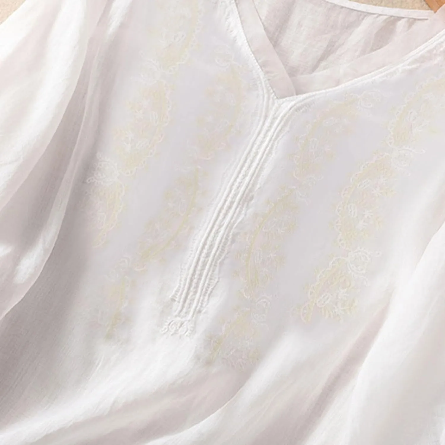 Womens Peasant Tops and Blouses Summer Fashion Embroidered Shirts Fashion Short Sleeve Cotton Linen Shirt