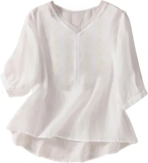 Womens Peasant Tops and Blouses Summer Fashion Embroidered Shirts Fashion Short Sleeve Cotton Linen Shirt