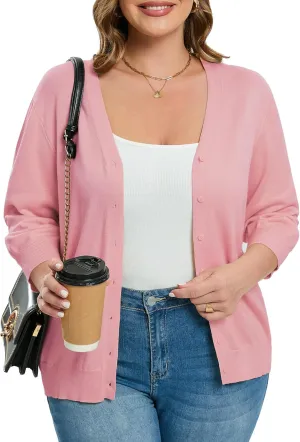 Women's Plus Size Cardigan Open Front Oversized Button Lightweight Sweaters V Neck Loose 3/4 Sleeve Cardigans Knit Outwear