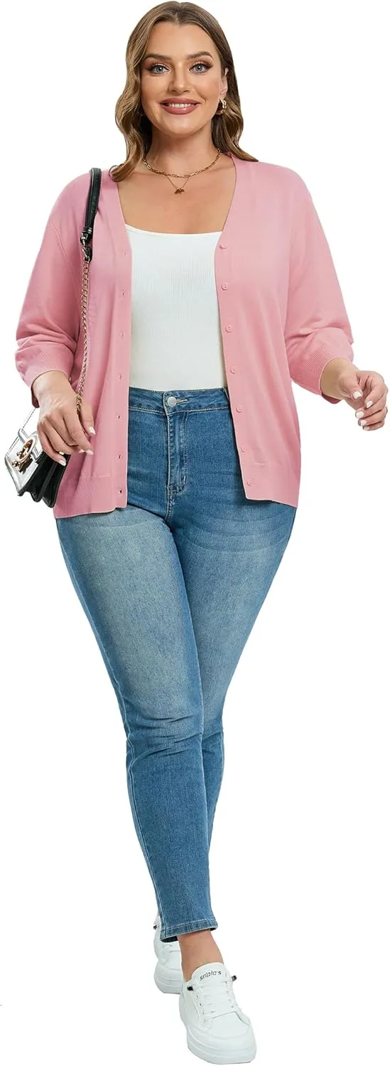 Women's Plus Size Cardigan Open Front Oversized Button Lightweight Sweaters V Neck Loose 3/4 Sleeve Cardigans Knit Outwear