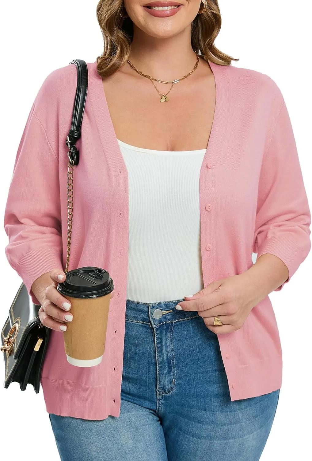 Women's Plus Size Cardigan Open Front Oversized Button Lightweight Sweaters V Neck Loose 3/4 Sleeve Cardigans Knit Outwear