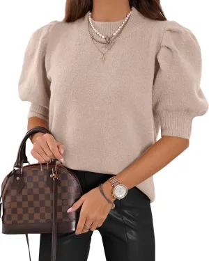 Women's Puff Short Sleeve Sweater Tops 2025 Spring Summer Trendy Crew Neck Casual T Shirts Blouses