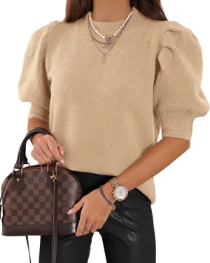 Women's Puff Short Sleeve Sweater Tops 2025 Spring Summer Trendy Crew Neck Casual T Shirts Blouses
