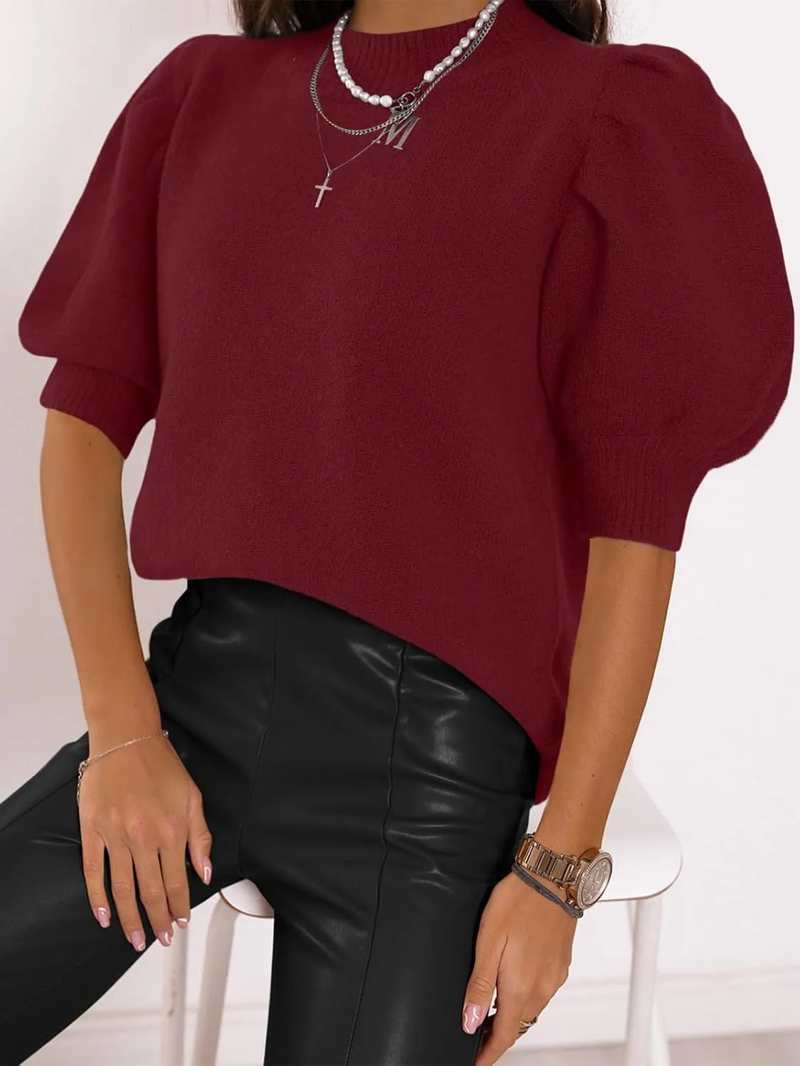 Women's Puff Short Sleeve Sweater Tops 2025 Spring Summer Trendy Crew Neck Casual T Shirts Blouses