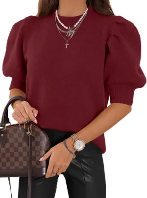 Women's Puff Short Sleeve Sweater Tops 2025 Spring Summer Trendy Crew Neck Casual T Shirts Blouses
