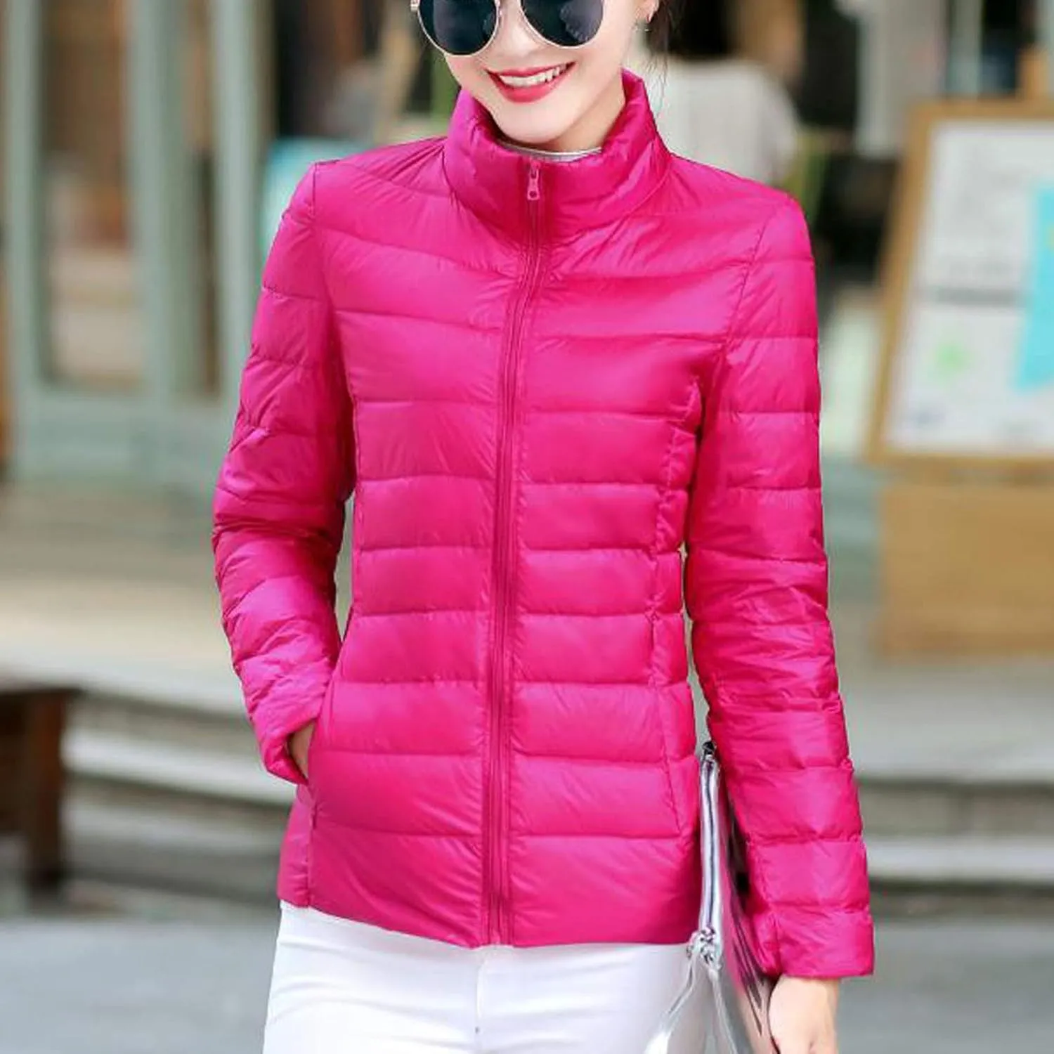 Women's Puffer Jacket Lightweight Stand Collar Coat Zip up down Jackets Winter Warm Outerwear with Pockets