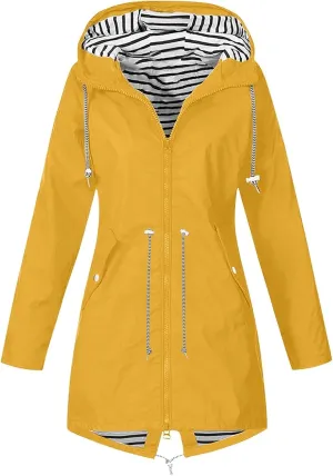Womens Rain Jacket Lightweight Waterproof Long Hooded Raincoat Striped Lined Hiking Travel Trench Coats Windbreaker