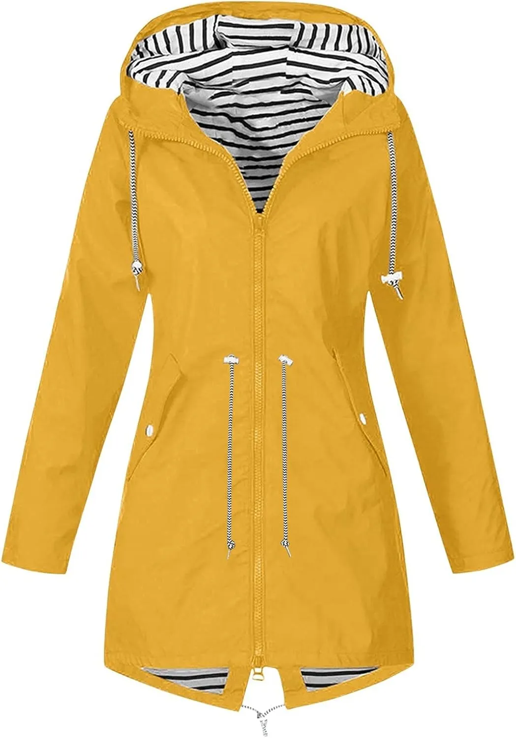 Womens Rain Jacket Lightweight Waterproof Long Hooded Raincoat Striped Lined Hiking Travel Trench Coats Windbreaker