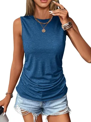 Womens Ruched Tank Tops Crewneck Sleeveless Shirts Slim Fitted Top Dressy Casual Summer Trendy Clothes 2025