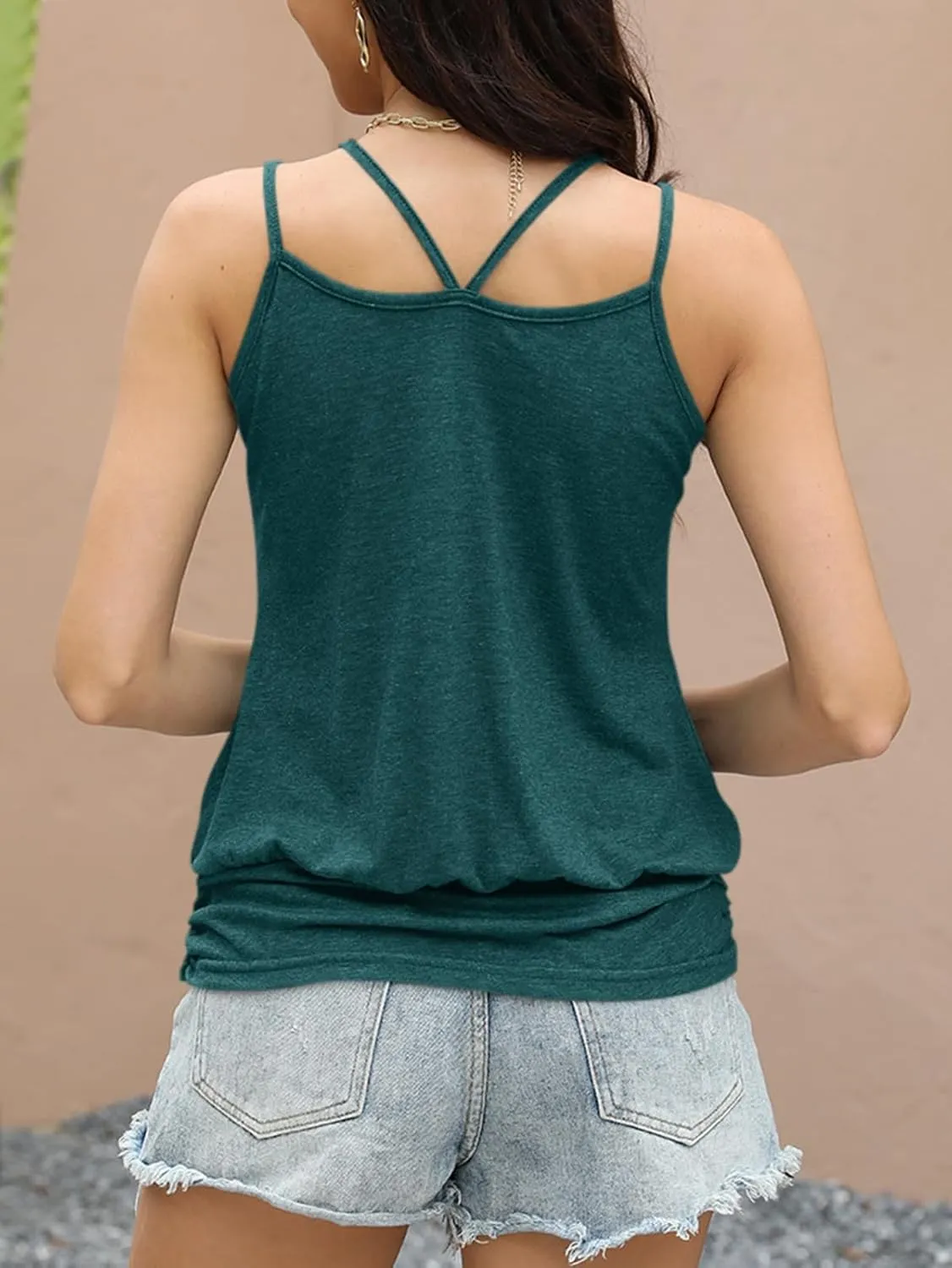 Women's Sexy Spaghetti Strap Tank Tops Banded Bottom Scoop Neck Sleeveless Tops 2025