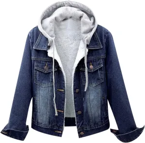 Women's Sherpa Denim Jacket Hooded Fleece Lined Winter Coats Fashion Boyfriend Trucker Jean Jacket with Pocket