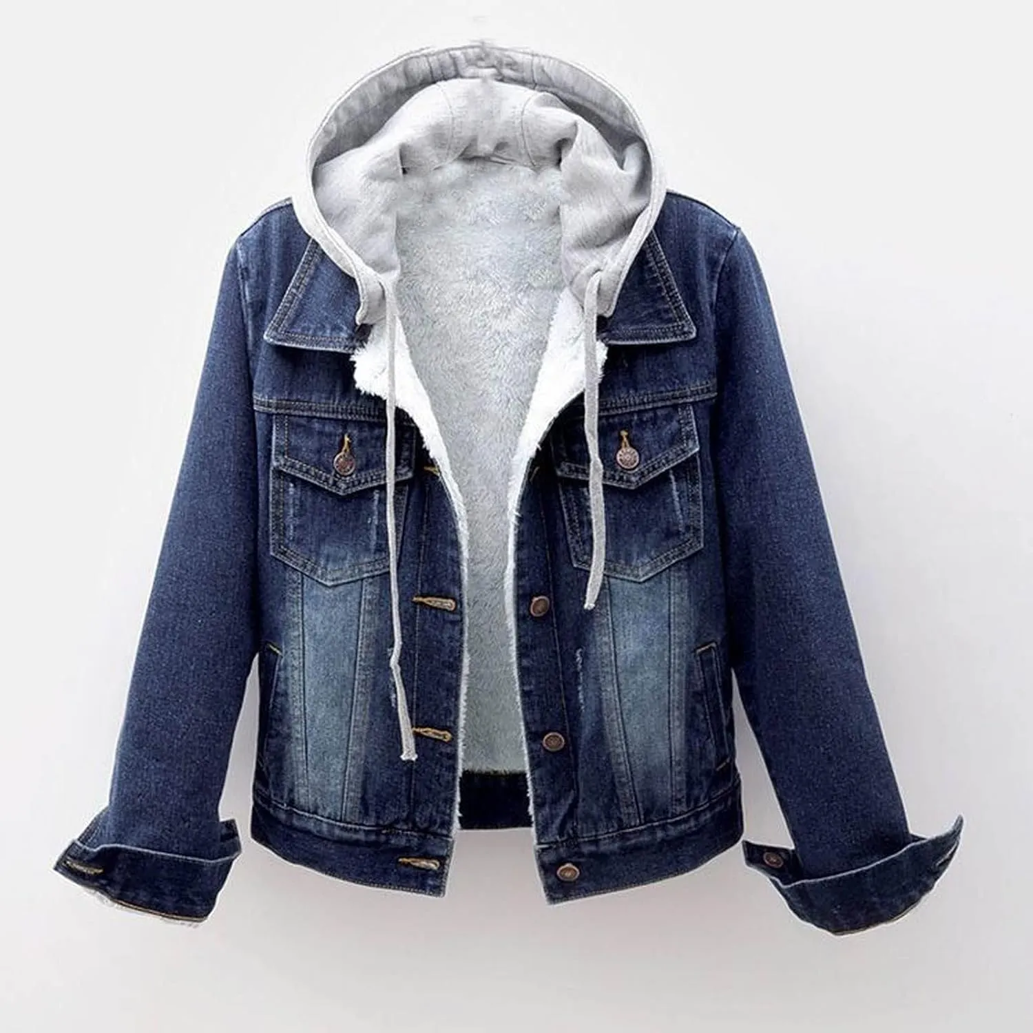 Women's Sherpa Denim Jacket Hooded Fleece Lined Winter Coats Fashion Boyfriend Trucker Jean Jacket with Pocket