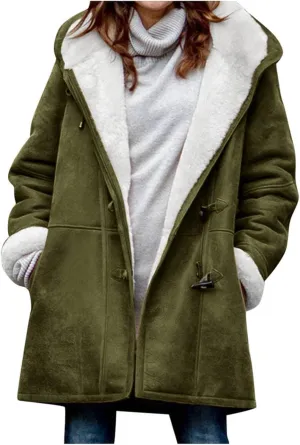 Womens Sherpa Lined Jackets Fashion Winter Fuzzy Fleece Hoodie Sweatshirt Casual Soft Cozy Horn Button Down Coats