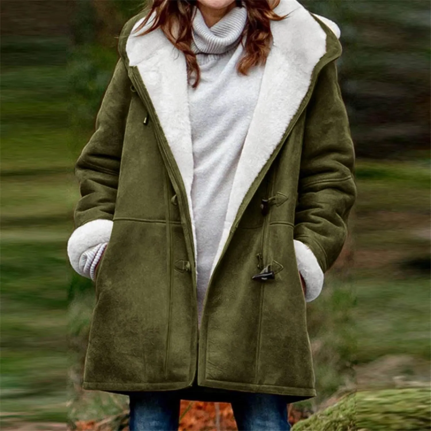 Womens Sherpa Lined Jackets Fashion Winter Fuzzy Fleece Hoodie Sweatshirt Casual Soft Cozy Horn Button Down Coats