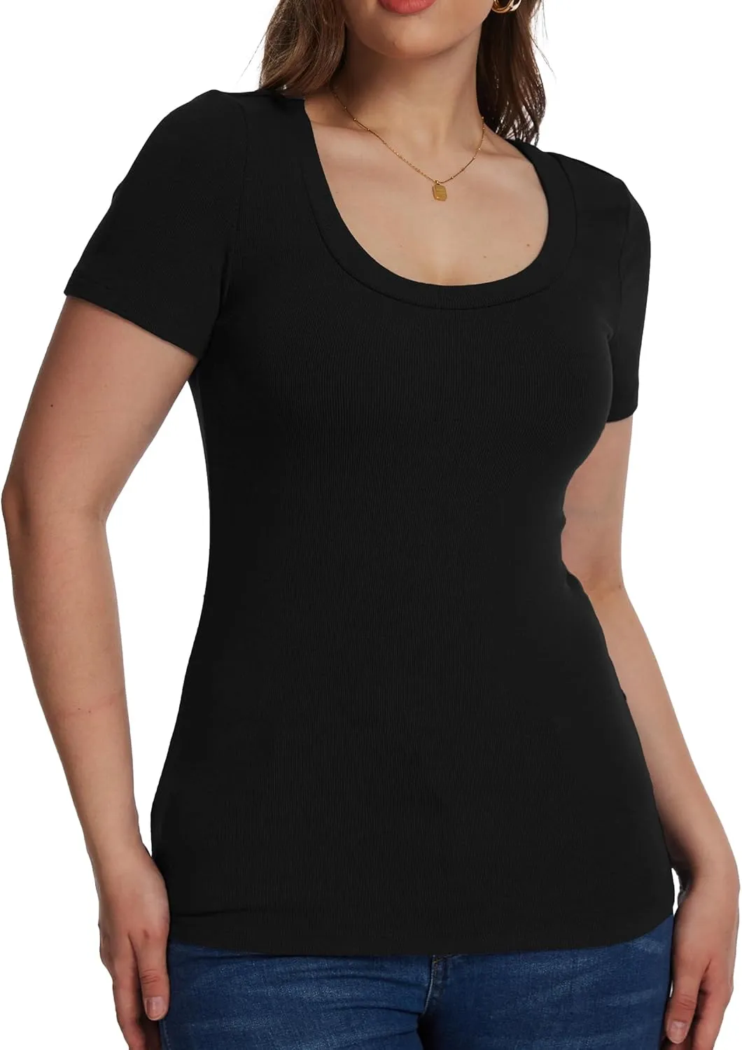 Womens Short Sleeve Tops Scoop Neck Ribbed Casual Basic Tee Spring Summer Shirts Slim Fitted 2025 Trendy Outfits