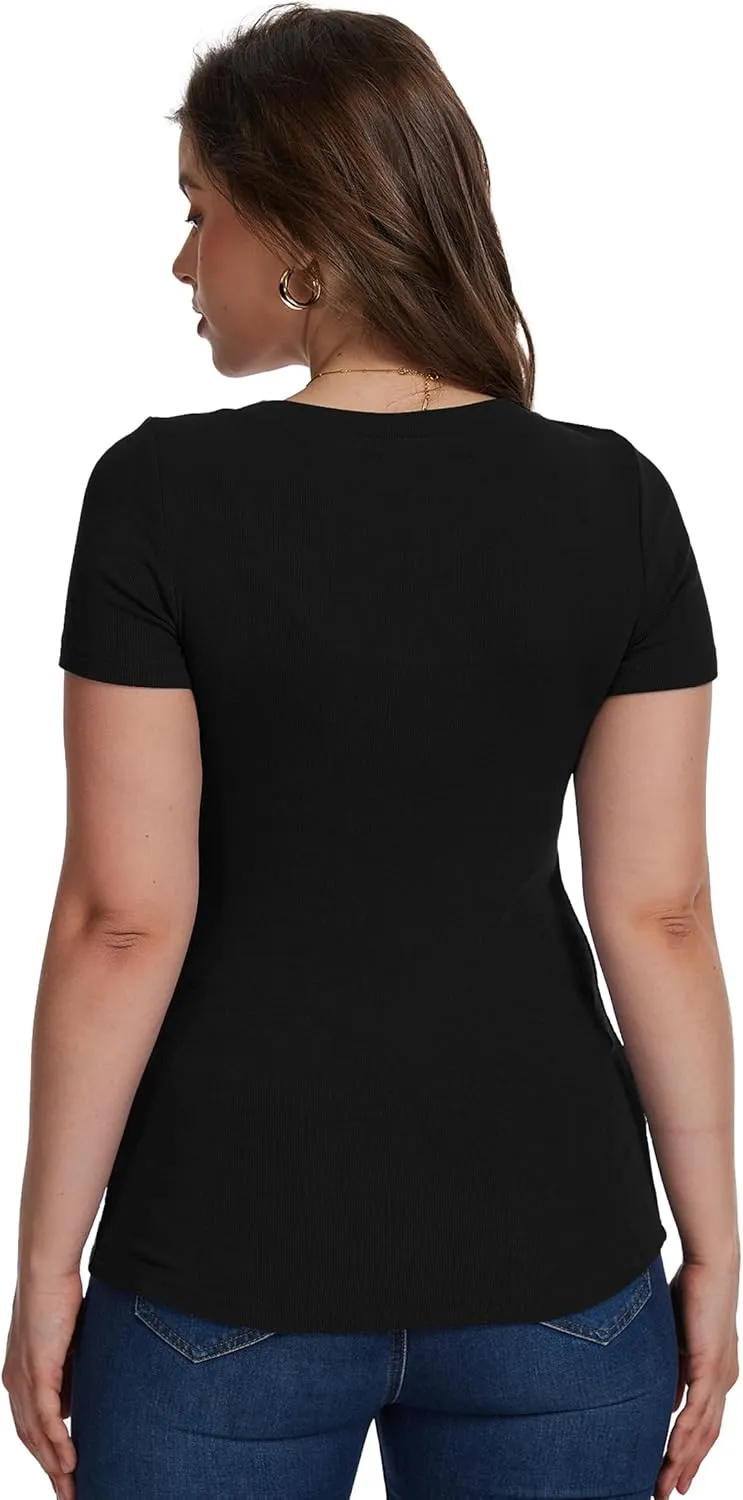 Womens Short Sleeve Tops Scoop Neck Ribbed Casual Basic Tee Spring Summer Shirts Slim Fitted 2025 Trendy Outfits