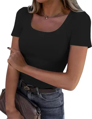 Womens Short Sleeve Tops Scoop Neck Ribbed Casual Basic Tee Spring Summer Shirts Slim Fitted 2025 Trendy Outfits