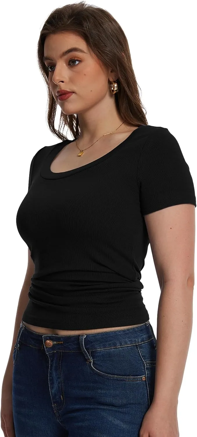 Womens Short Sleeve Tops Scoop Neck Ribbed Casual Basic Tee Spring Summer Shirts Slim Fitted 2025 Trendy Outfits