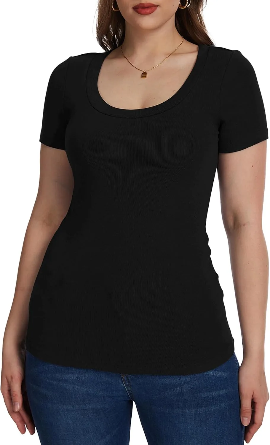 Womens Short Sleeve Tops Scoop Neck Ribbed Casual Basic Tee Spring Summer Shirts Slim Fitted 2025 Trendy Outfits