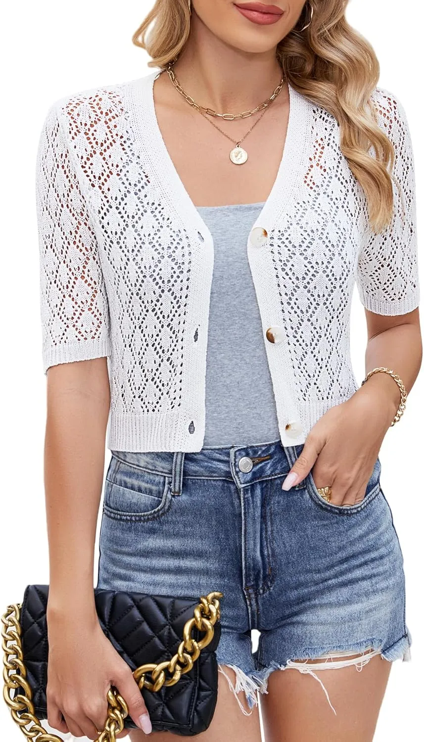 Women's Short Sleeve V Neck Cardigans Sweaters Open Front Knit Crochet Button Down Bolero Shrugs Tops Summer Shirts