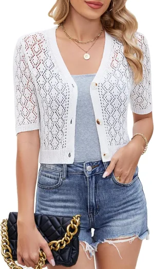 Women's Short Sleeve V Neck Cardigans Sweaters Open Front Knit Crochet Button Down Bolero Shrugs Tops Summer Shirts