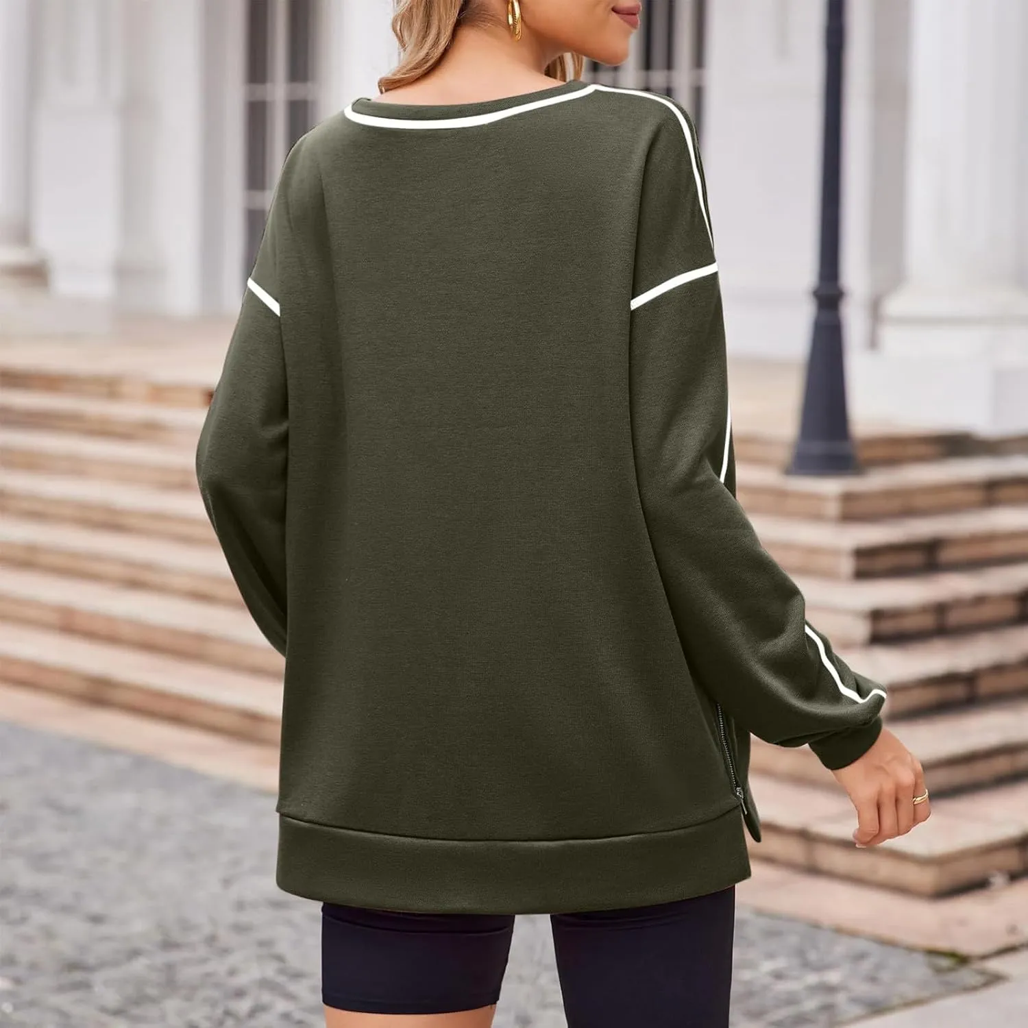 Women's Side Zipper Oversize Sweatshirts Crewneck Pullover Trendy Solid Color Long Sleeve Casual Soft Sweatshirt Tops