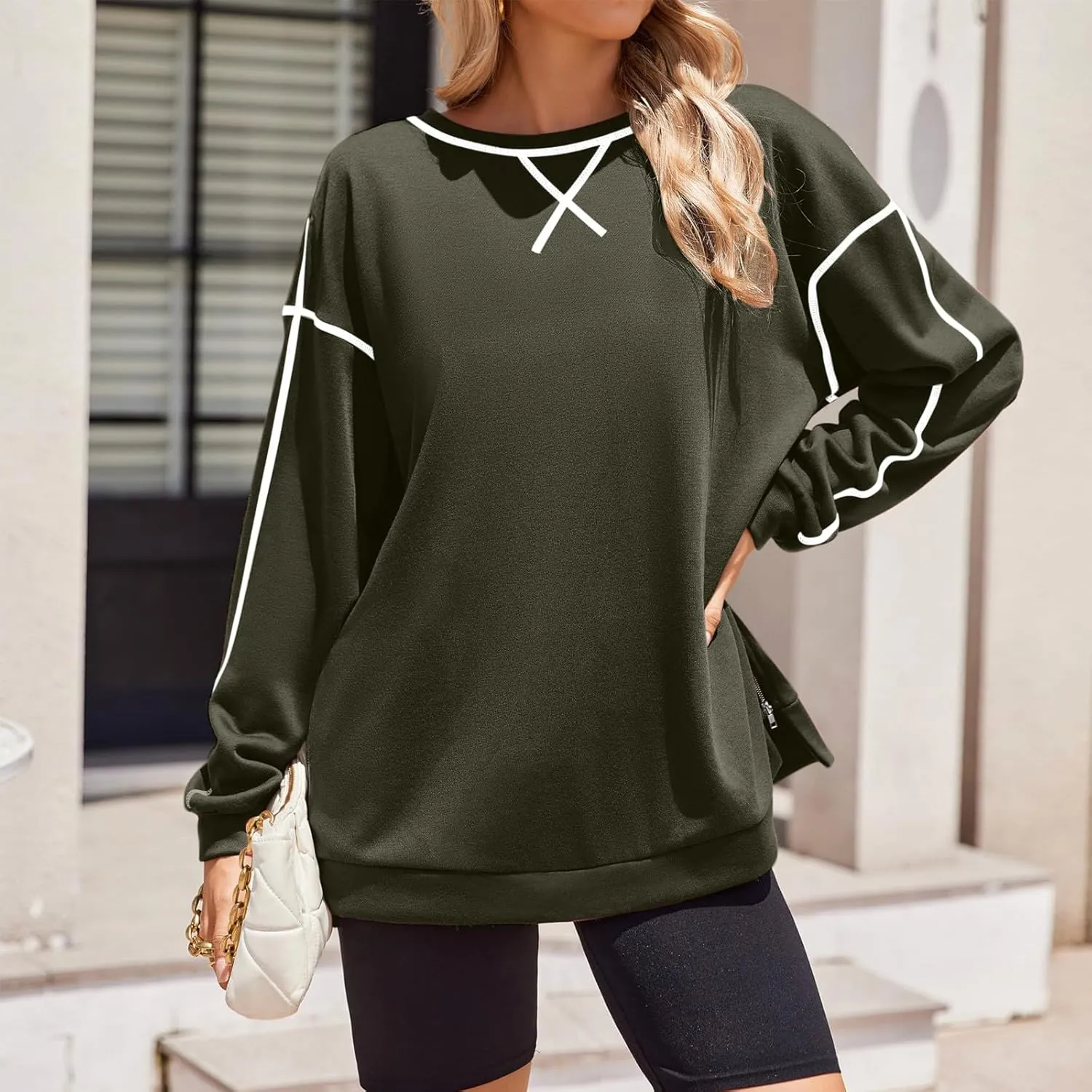 Women's Side Zipper Oversize Sweatshirts Crewneck Pullover Trendy Solid Color Long Sleeve Casual Soft Sweatshirt Tops