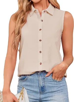 Womens Sleeveless Button Down Shirts Cotton Linen Blouses Solid Color V Neck Casual Work Tank Tops
