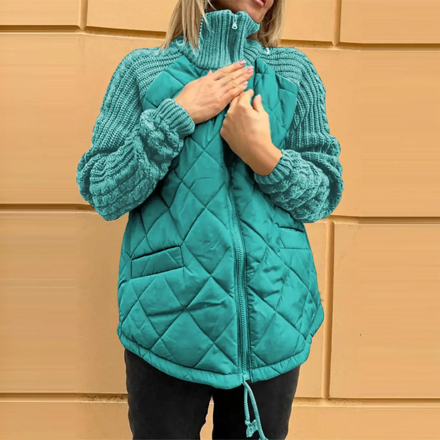 Women's Stand Collar Lightweight Quilted Jacket Fall Winter Cotton Padded Puffer Jacket Oversized Zip Up Outwear Coat
