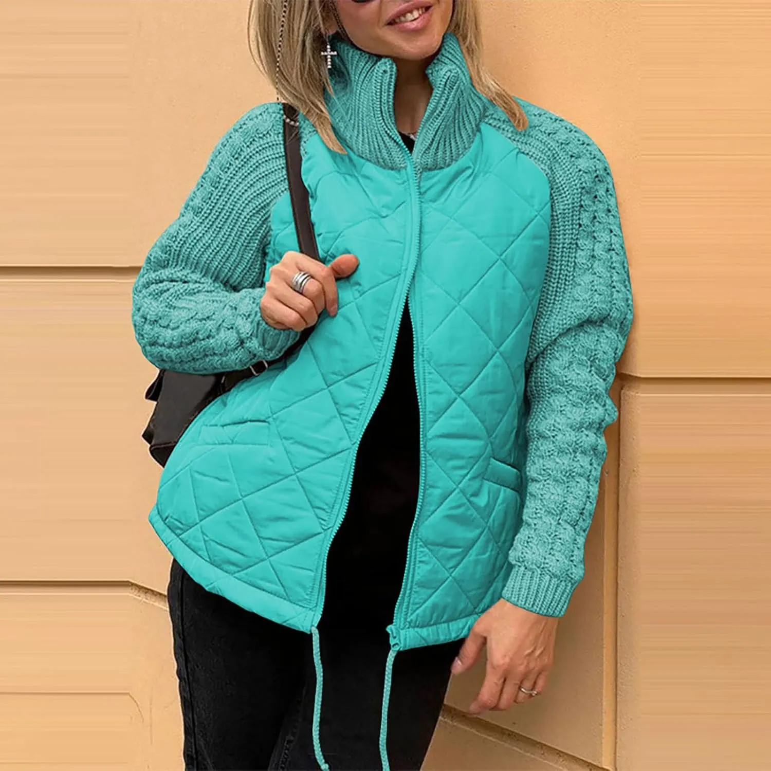 Women's Stand Collar Lightweight Quilted Jacket Fall Winter Cotton Padded Puffer Jacket Oversized Zip Up Outwear Coat