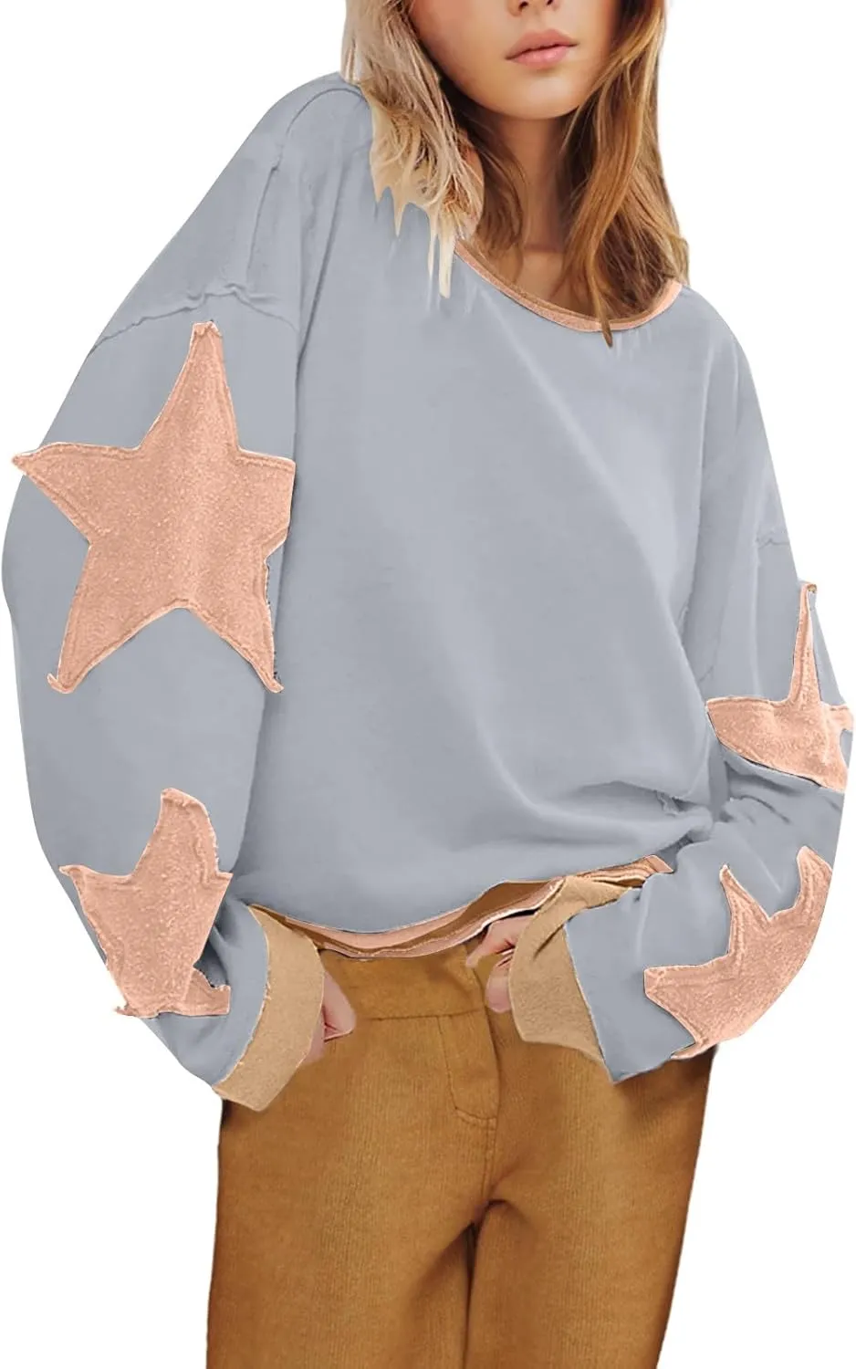 Womens Star Oversized Sweatshirt Crewneck Drop Shoulder Pullover Long Sleeve Shirts Tops Y2K Cute Trendy Clothes
