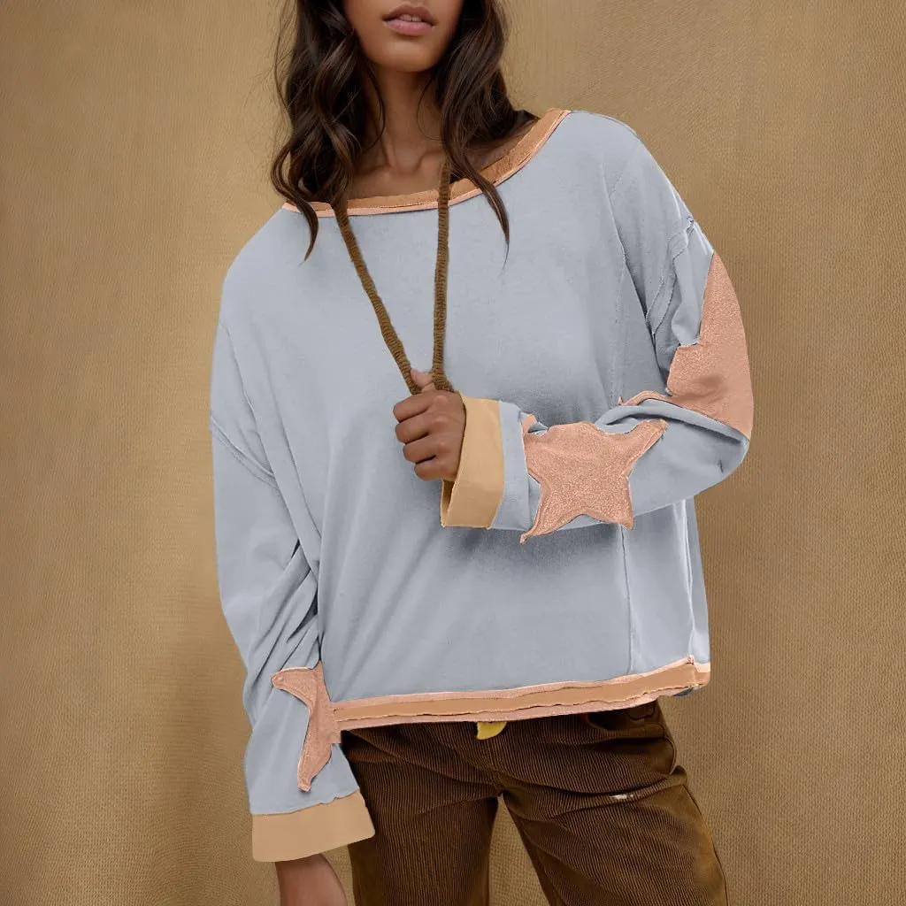 Womens Star Oversized Sweatshirt Crewneck Drop Shoulder Pullover Long Sleeve Shirts Tops Y2K Cute Trendy Clothes