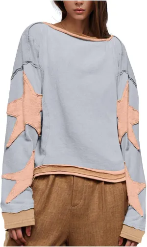 Womens Star Oversized Sweatshirt Crewneck Drop Shoulder Pullover Long Sleeve Shirts Tops Y2K Cute Trendy Clothes