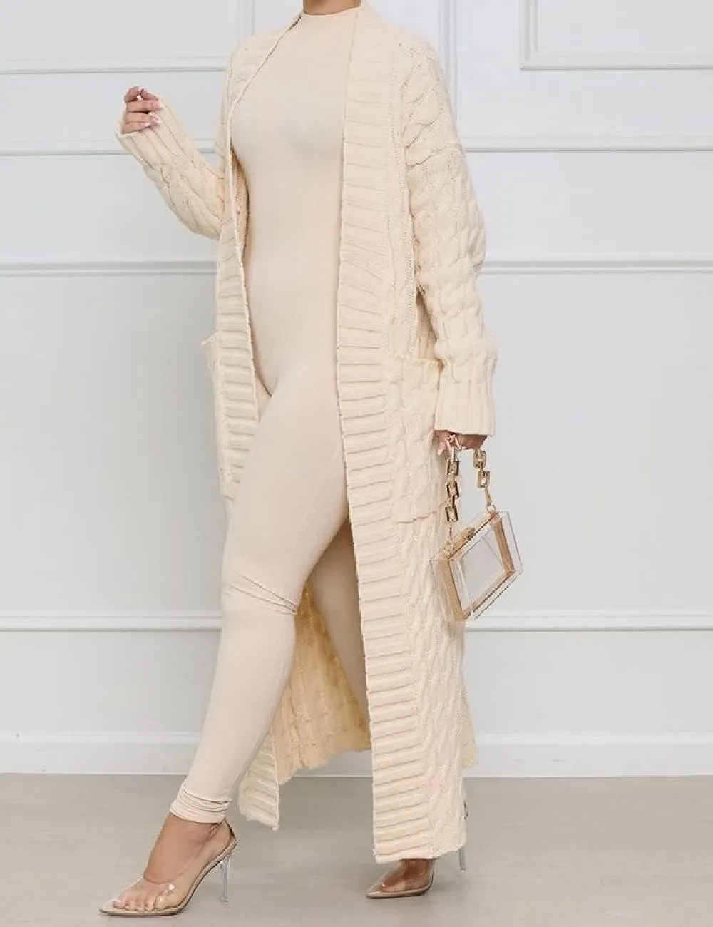 Womens Stylish Cable Knit Dual Chunky Cardigan with Pockets