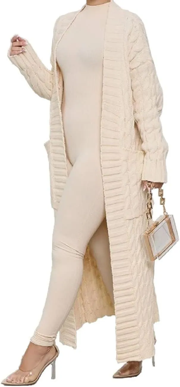 Womens Stylish Cable Knit Dual Chunky Cardigan with Pockets